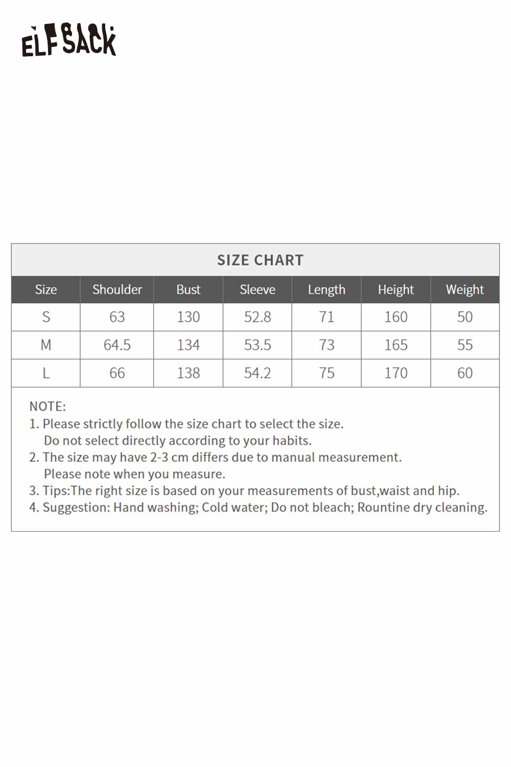 Size chart for ELFSACK women's loose fit hooded sweatshirt detailing measurements for S, M, and L sizes