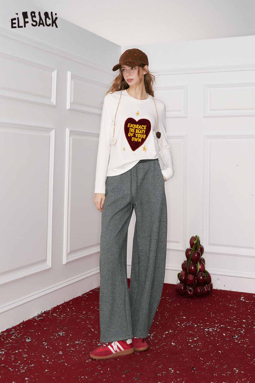 ELFSACK women's loose wide leg pants in gray for a relaxed, stylish look with a cozy sweater.