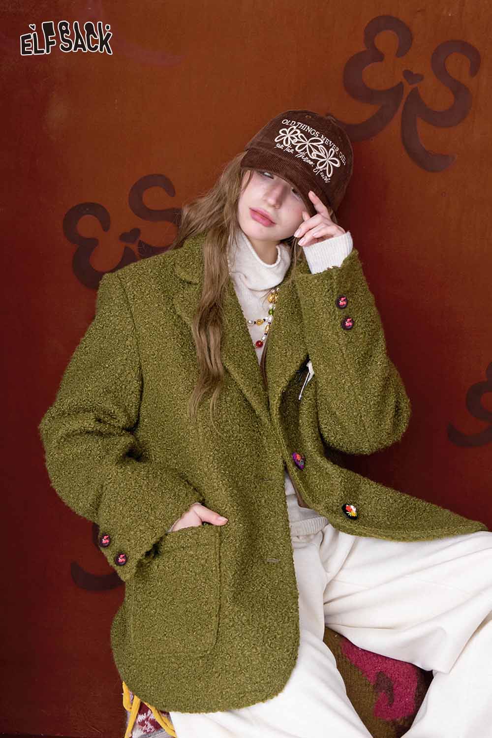 ELFSACK women's minimalist blazer in olive green with oversized fit and stylish buttons