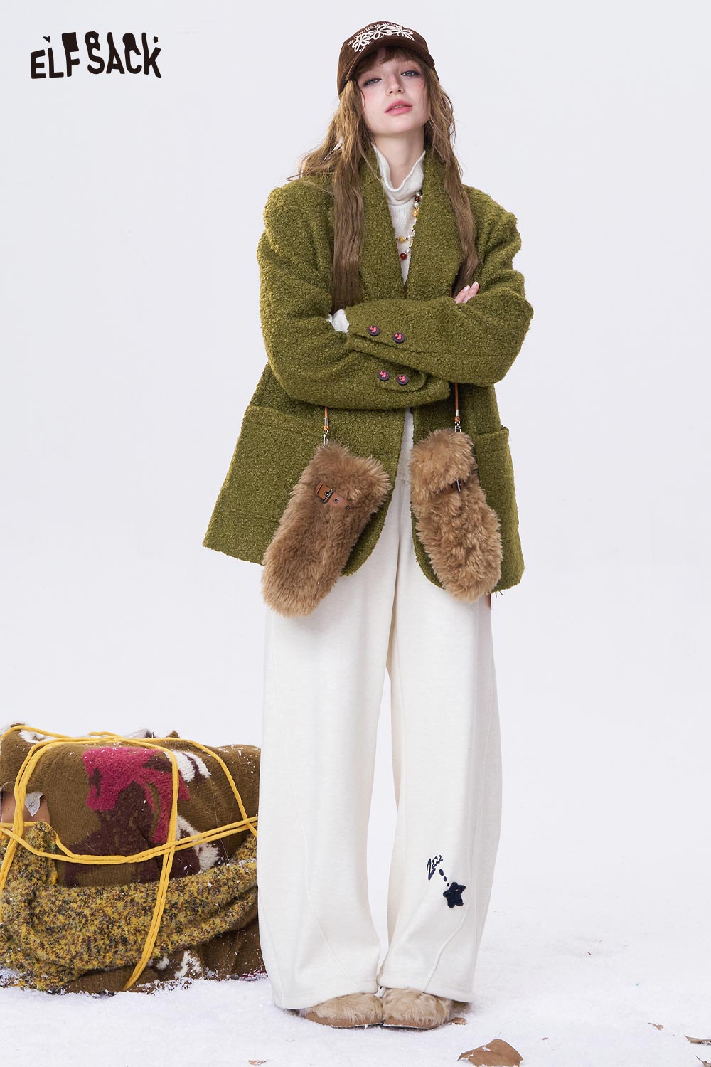 ELFSACK women's minimalist blazer in olive green with oversized fit and textured fabric