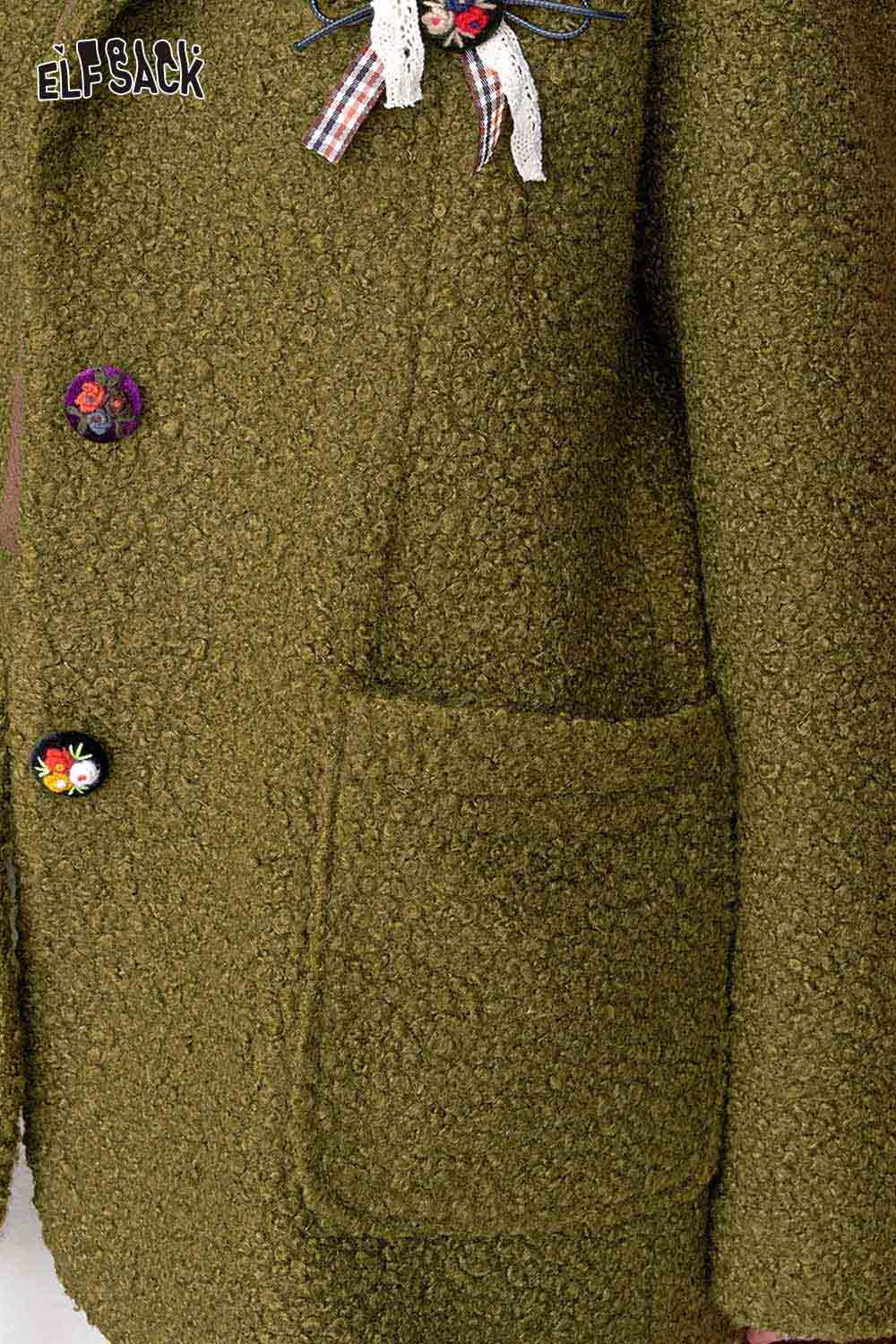 ELFSACK women's minimalist blazer in olive green with decorative buttons and a pocket