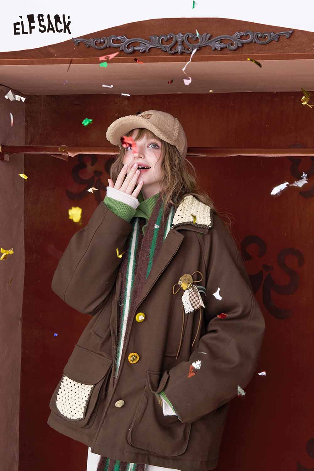 ELFSACK women's minimalist contrast lapel coat in brown with unique detailing and cozy pockets