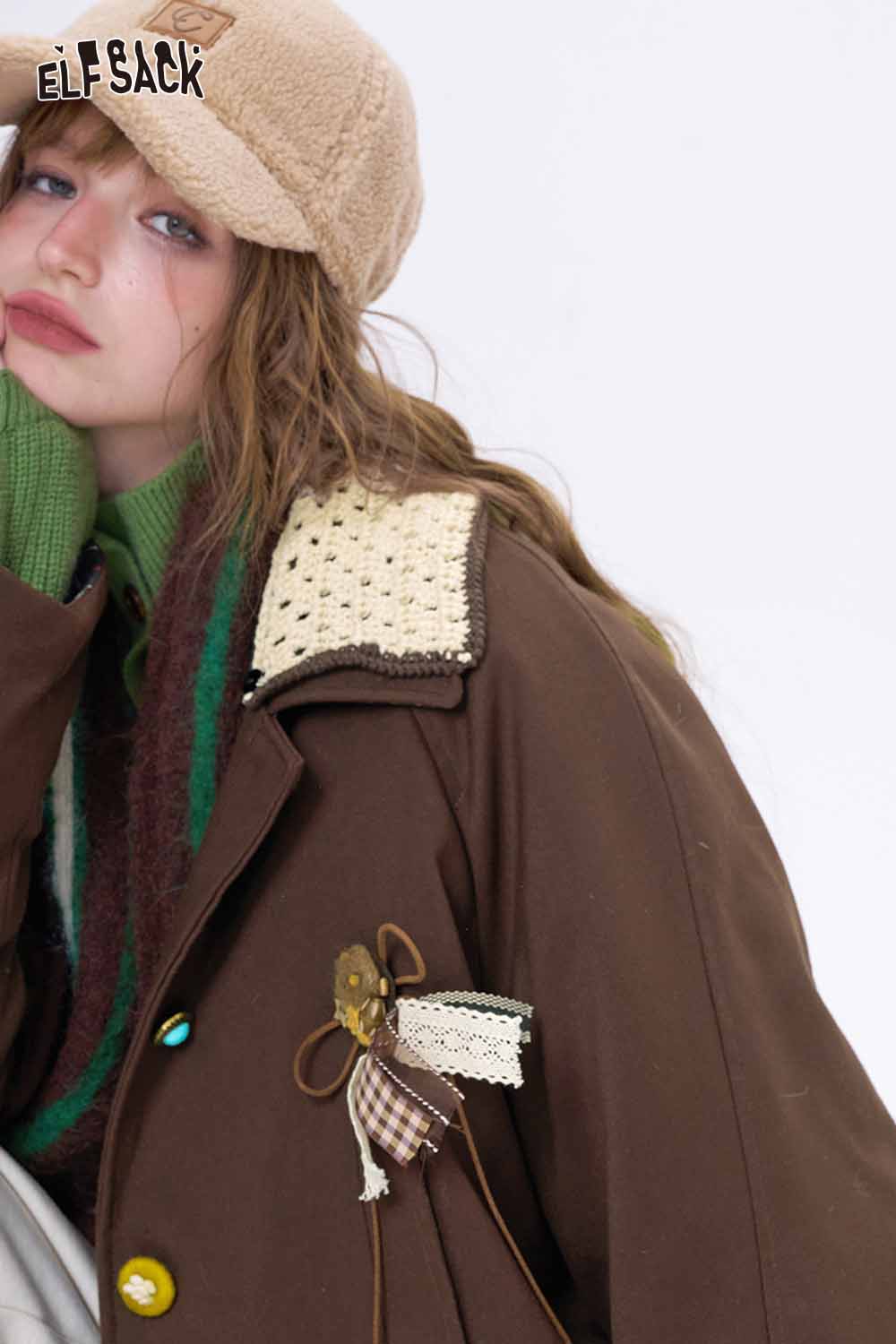 ELFSACK women's minimalist contrast lapel coat in brown with unique collar design and decorative bow