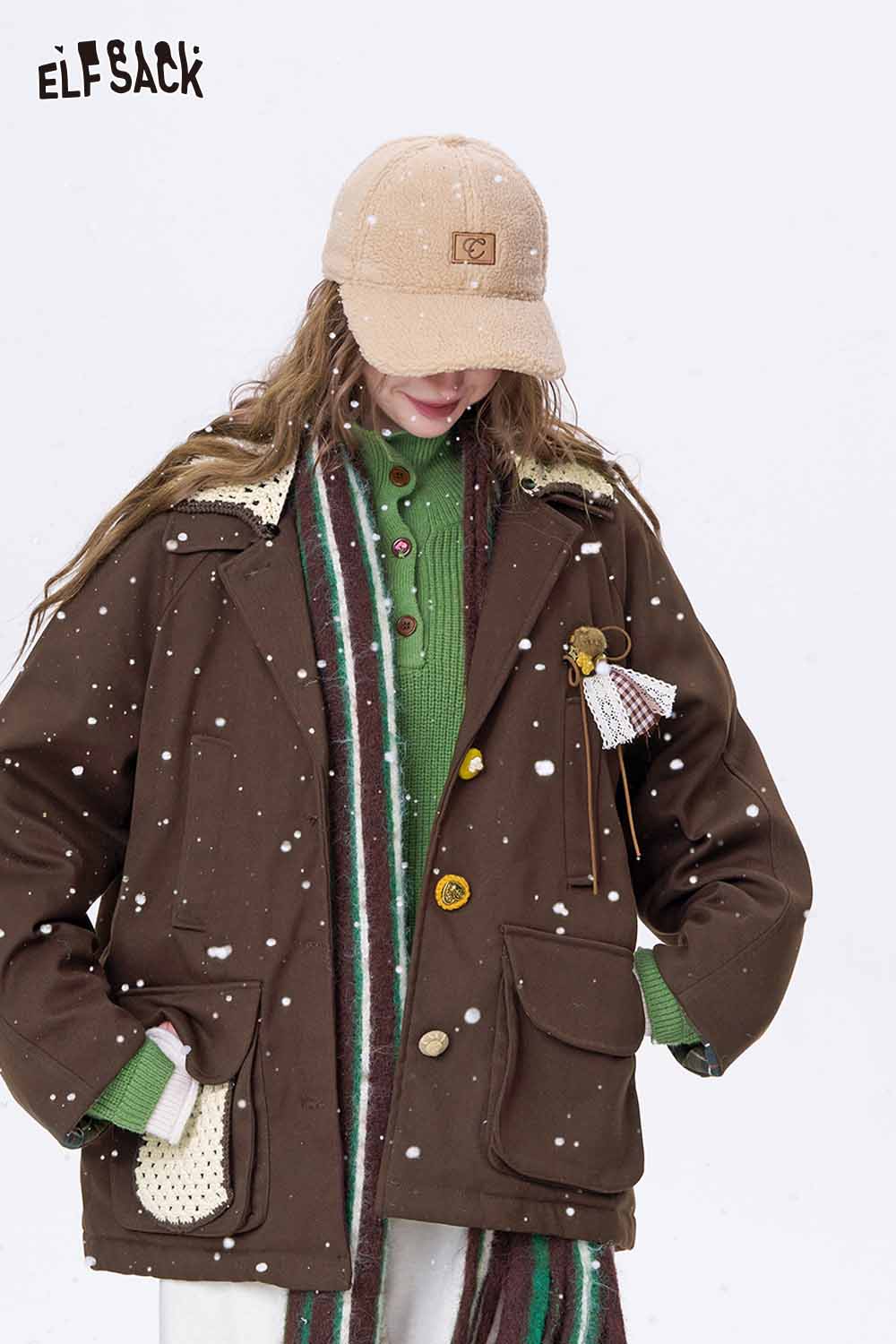 ELFSACK women's minimalist contrast lapel coat in brown with stylish buttons and pockets for winter fashion