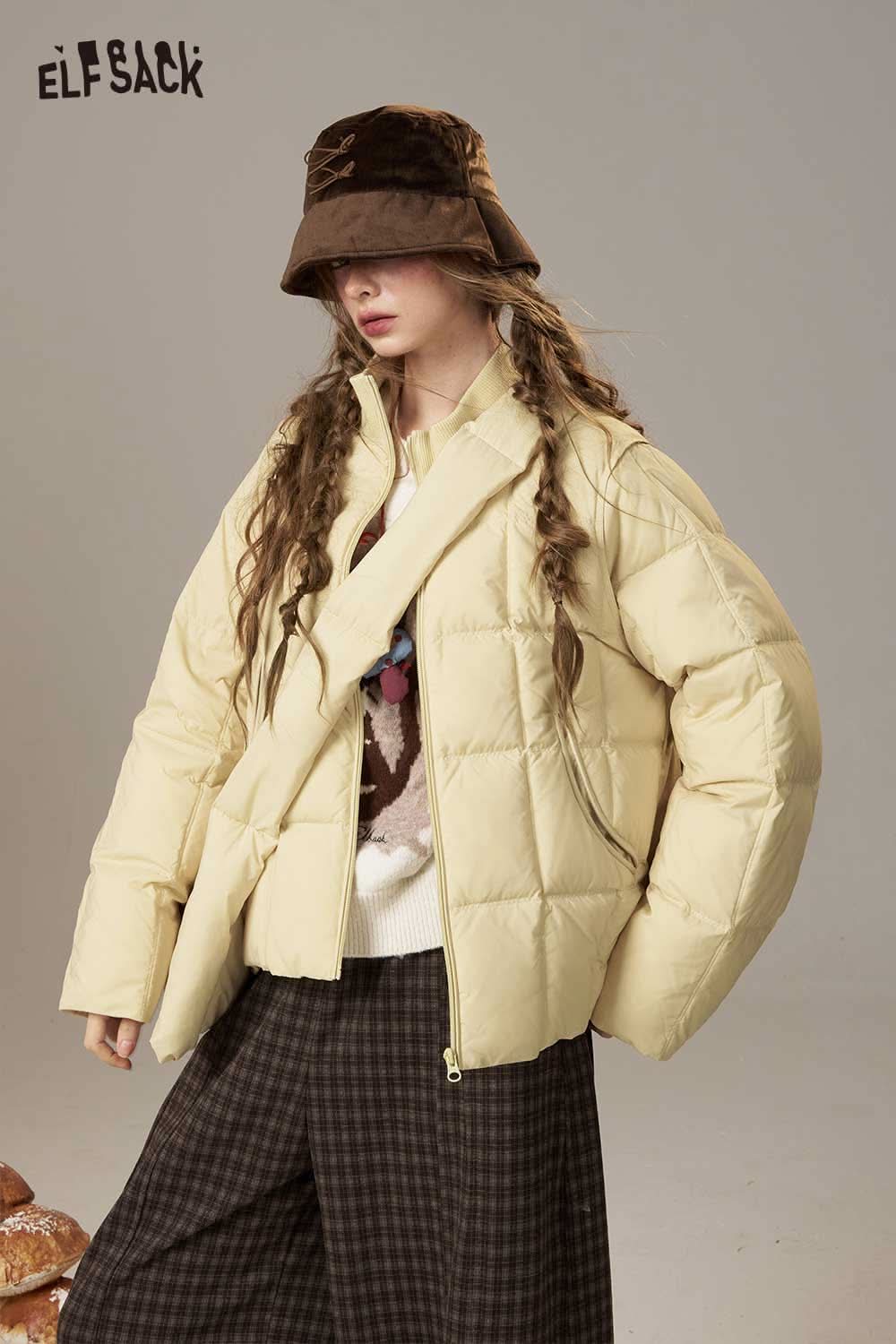 ELFSACK women's nylon puffer jacket in yellow with a relaxed fit, perfect for stylish winter outfits