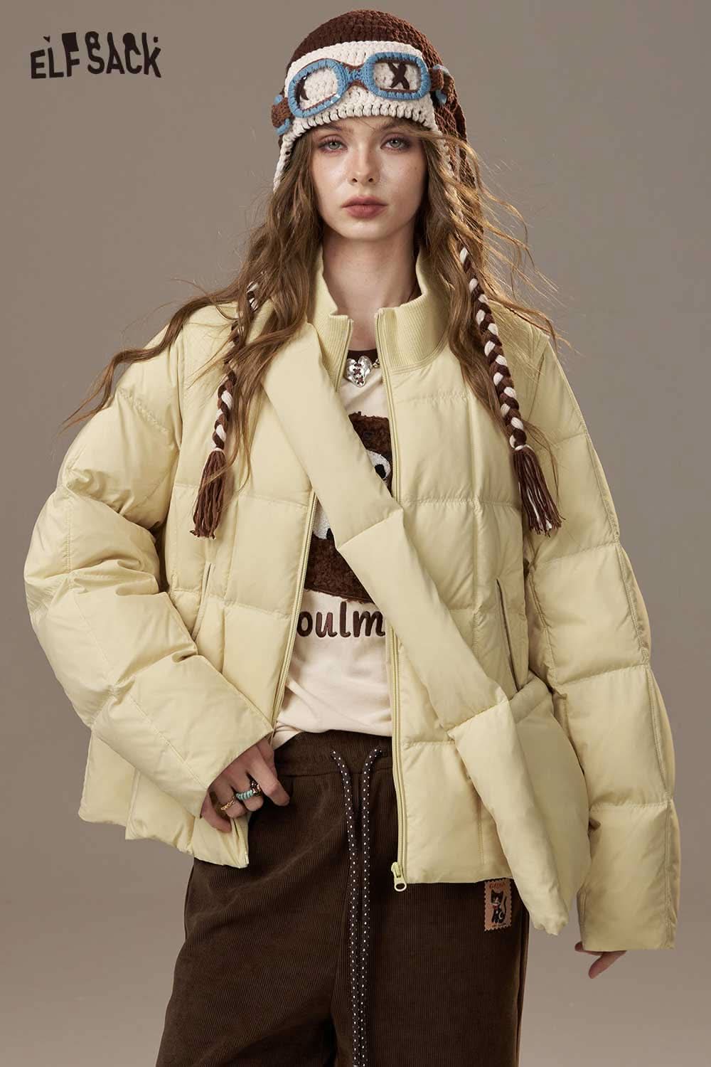 ELFSACK women's nylon puffer jacket in soft yellow for stylish winter warmth and comfort