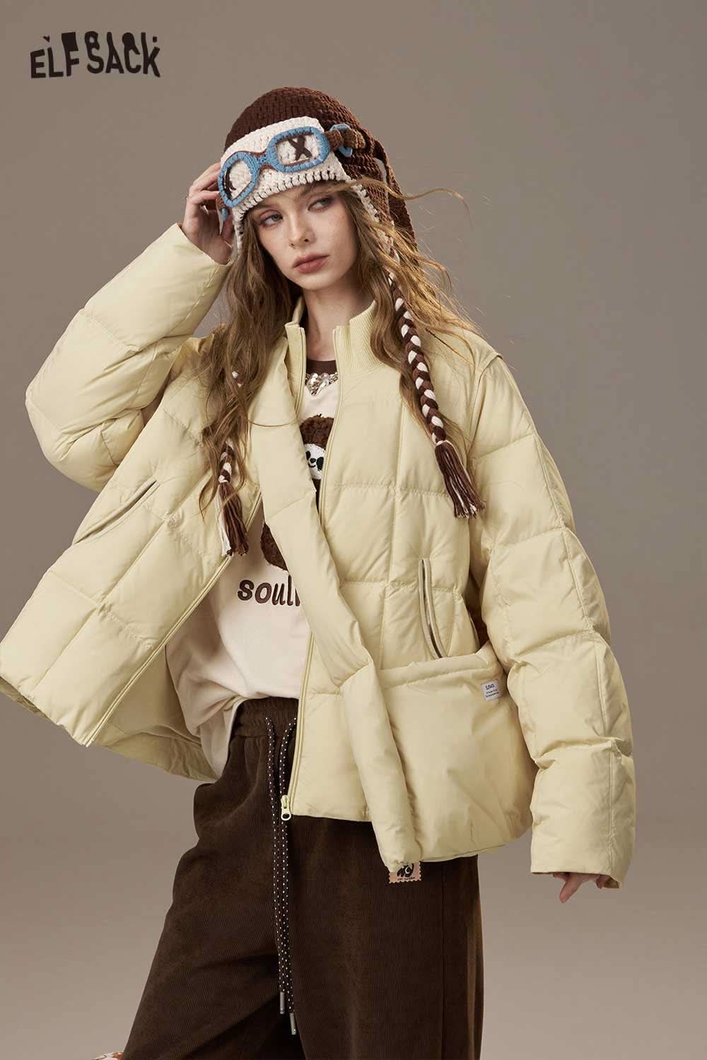 ELFSACK women's nylon puffer jacket in soft beige with a relaxed fit and stylish design