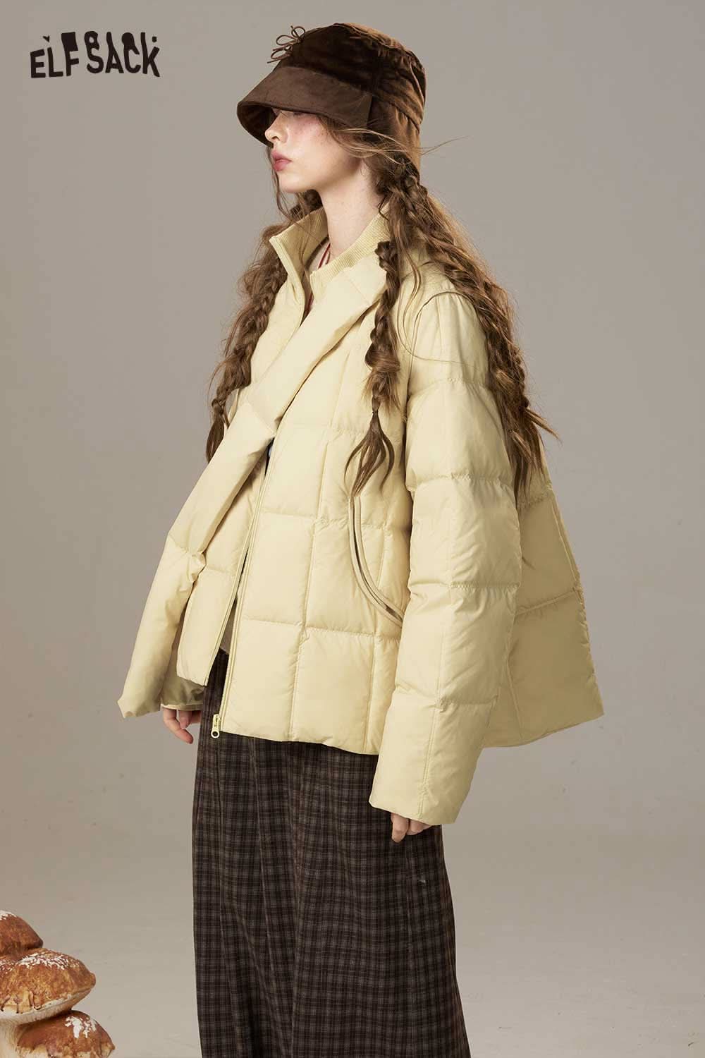 ELFSACK women's nylon puffer jacket in light beige, featuring a stylish oversized design and warm padding