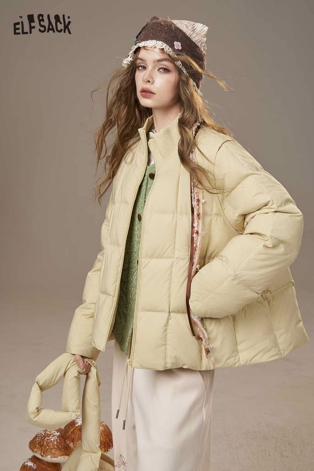 ELFSACK women's nylon puffer jacket in light beige, featuring a cozy design for stylish warmth