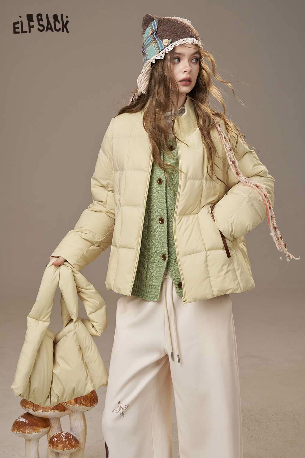 ELFSACK women's nylon puffer jacket in soft yellow, styled with a green sweater and matching bag