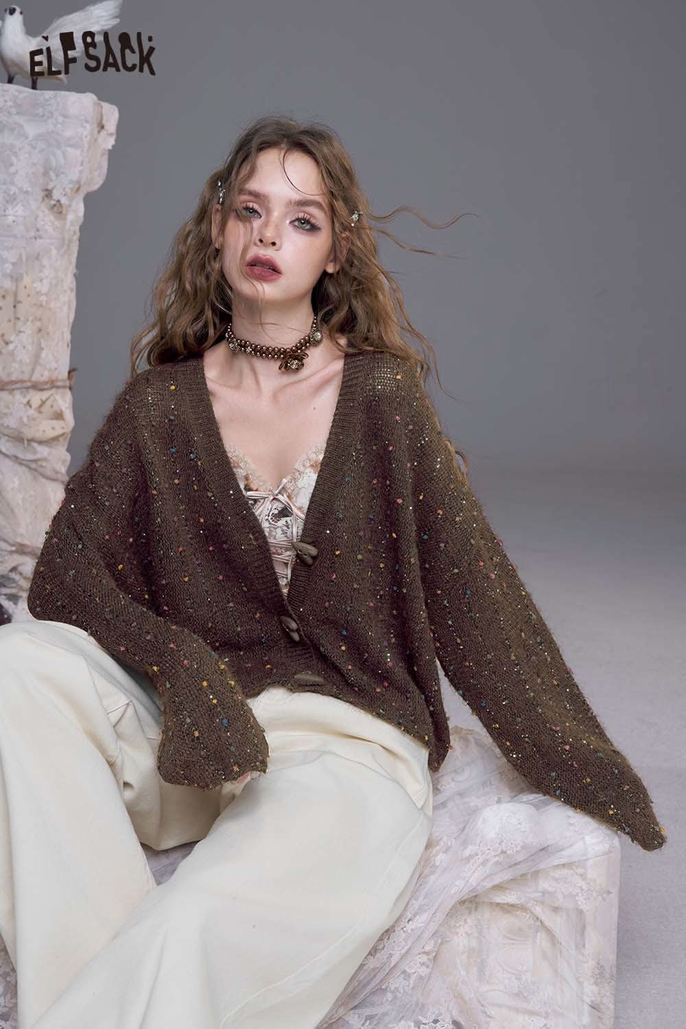 ELFSACK women's open front cardigan in brown with colorful speckles and relaxed fit for stylish layering