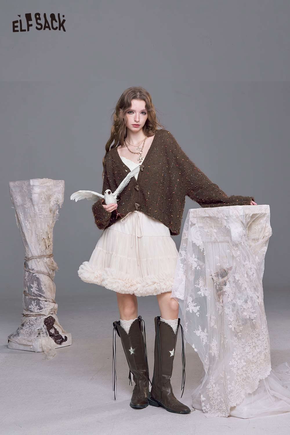 ELFSACK women's open front cardigan in brown with a casual and stylish design, perfect for layering.