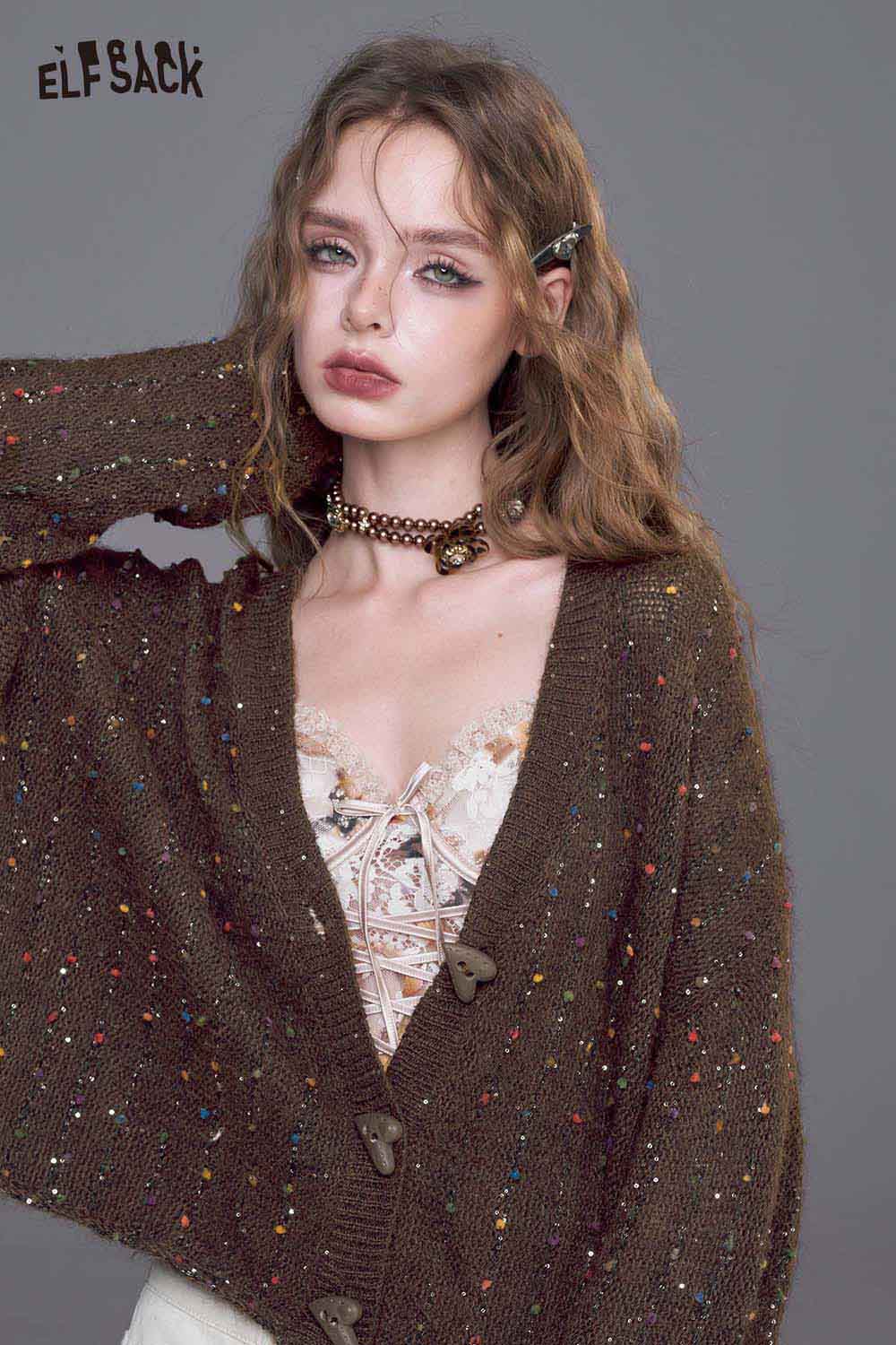 ELFSACK women's open front cardigan in brown with colorful speckles and stylish buttons