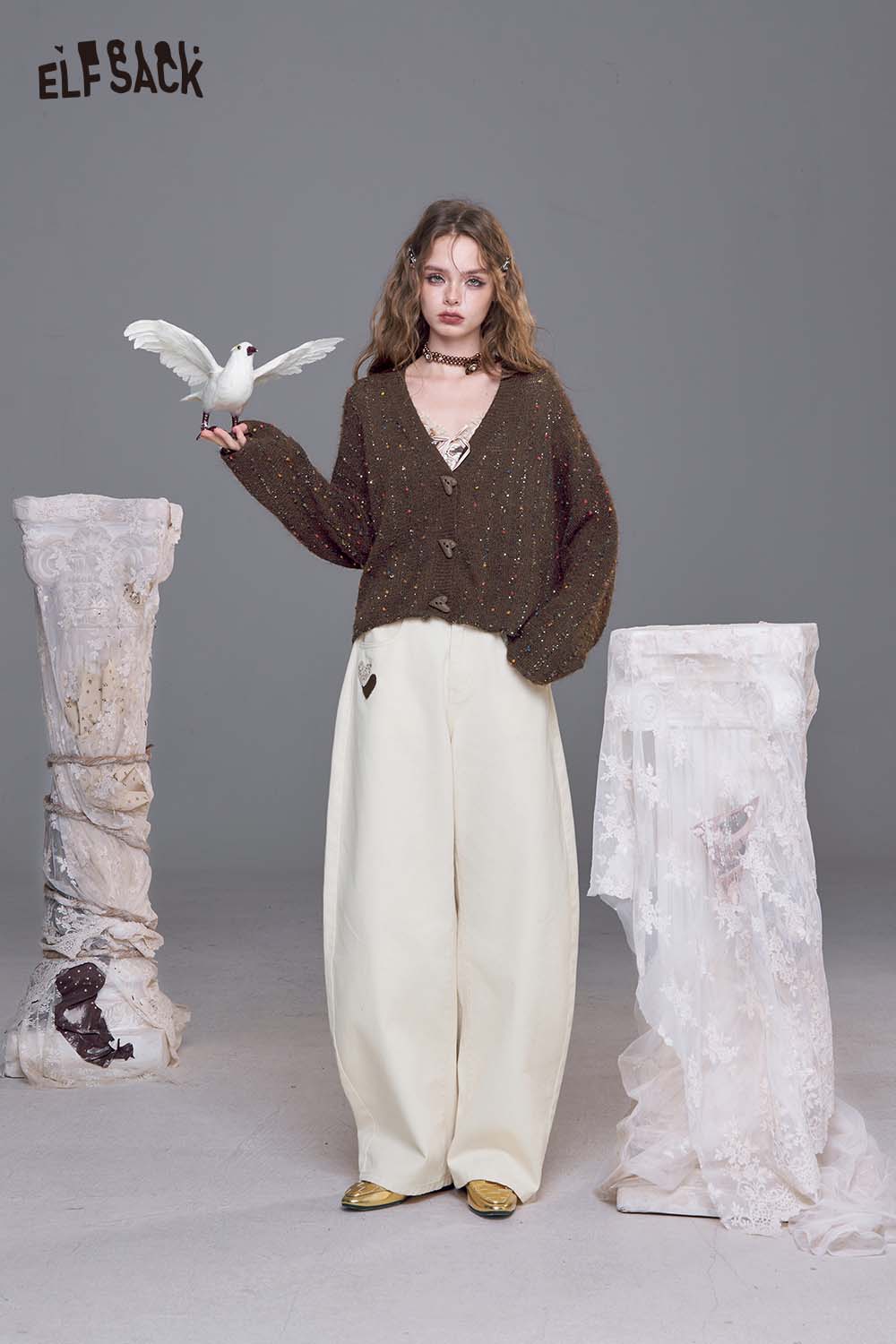 ELFSACK women's open front cardigan in brown with a stylish loose fit and elegant design