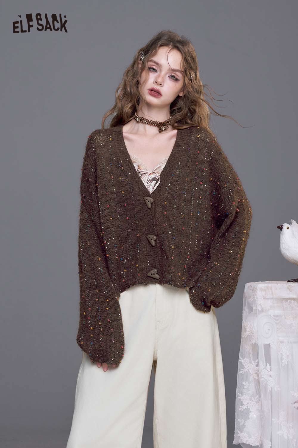 ELFSACK women's open front cardigan in brown with colorful flecks and oversized sleeves