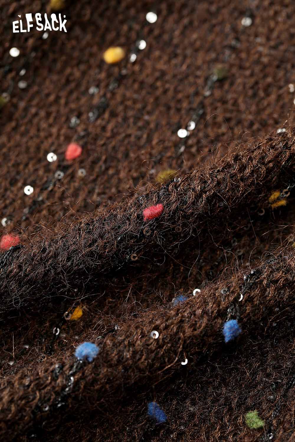 Textured brown ELFSACK women's open front cardigan with colorful speckles and sequins