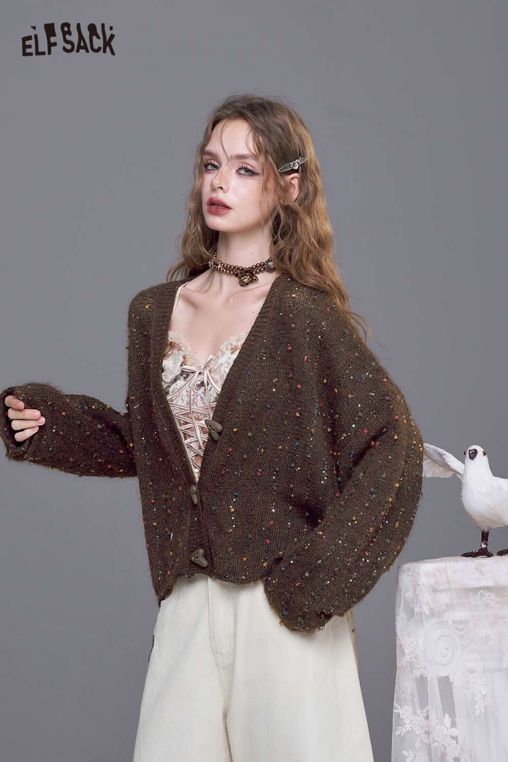ELFSACK women's open front cardigan in brown with a relaxed fit and colorful flecks