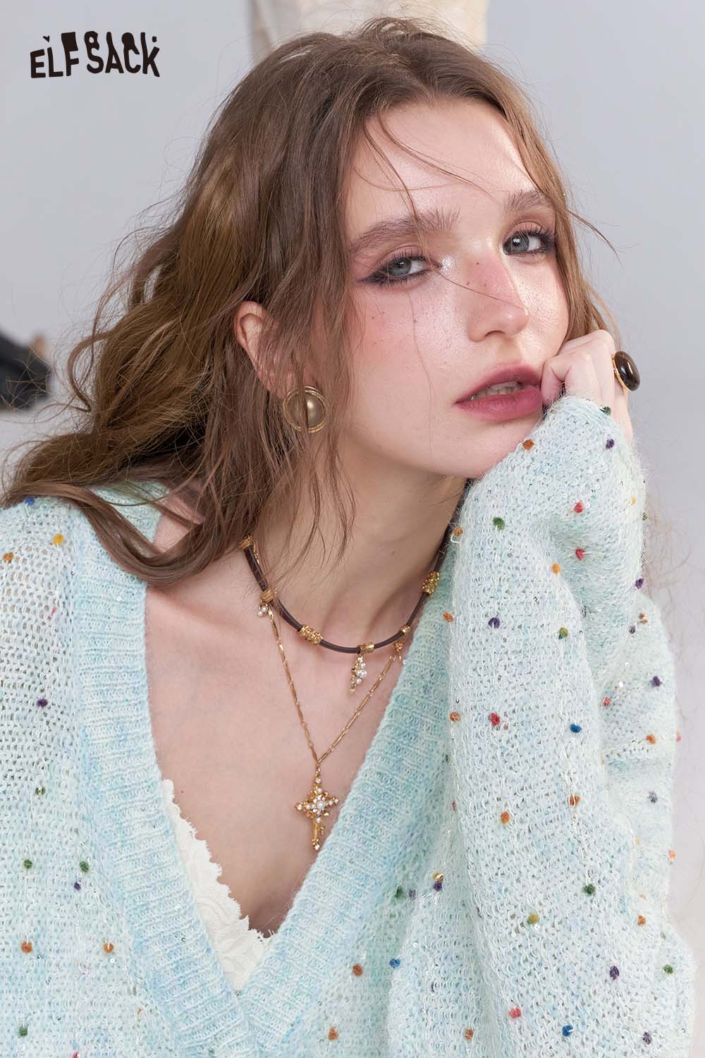 ELFSACK women's open front cardigan in soft pastel colors with colorful speckles