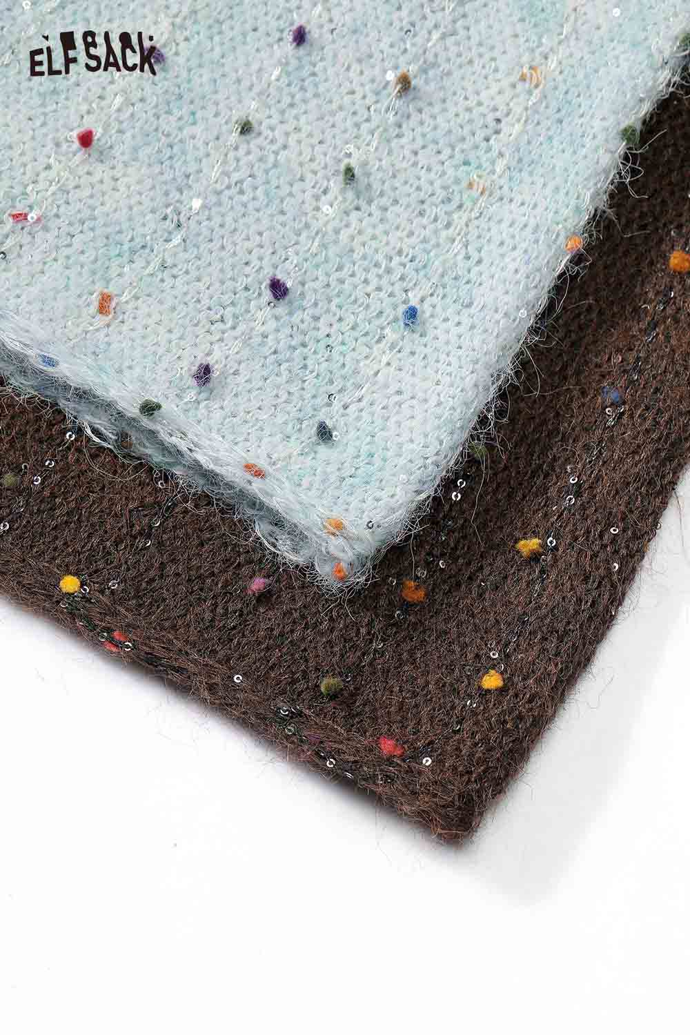 ELFSACK women's open front cardigan in soft, textured fabric featuring colorful flecks in light blue and brown