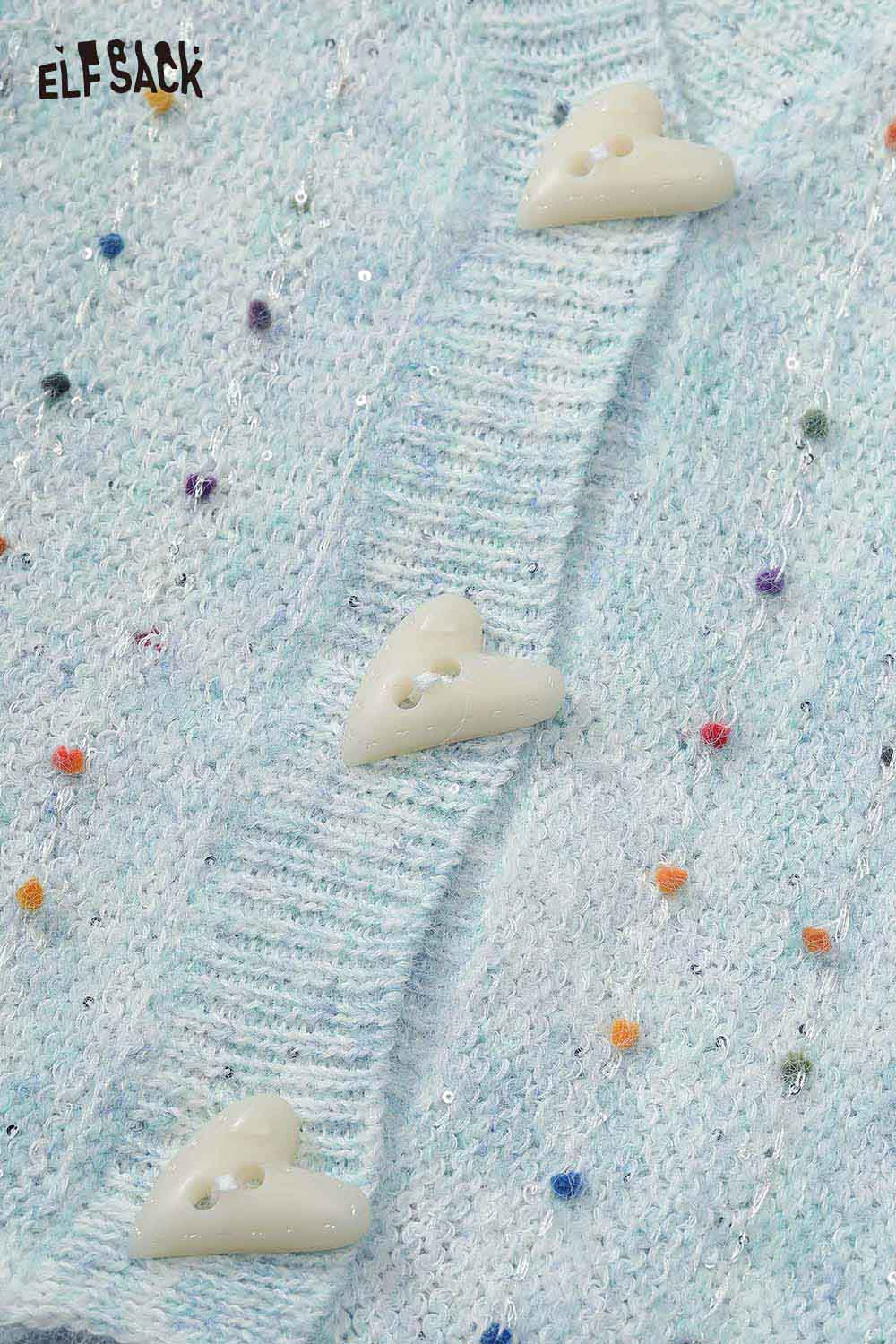 ELFSACK women's open front cardigan in light blue with heart-shaped buttons and colorful speckles