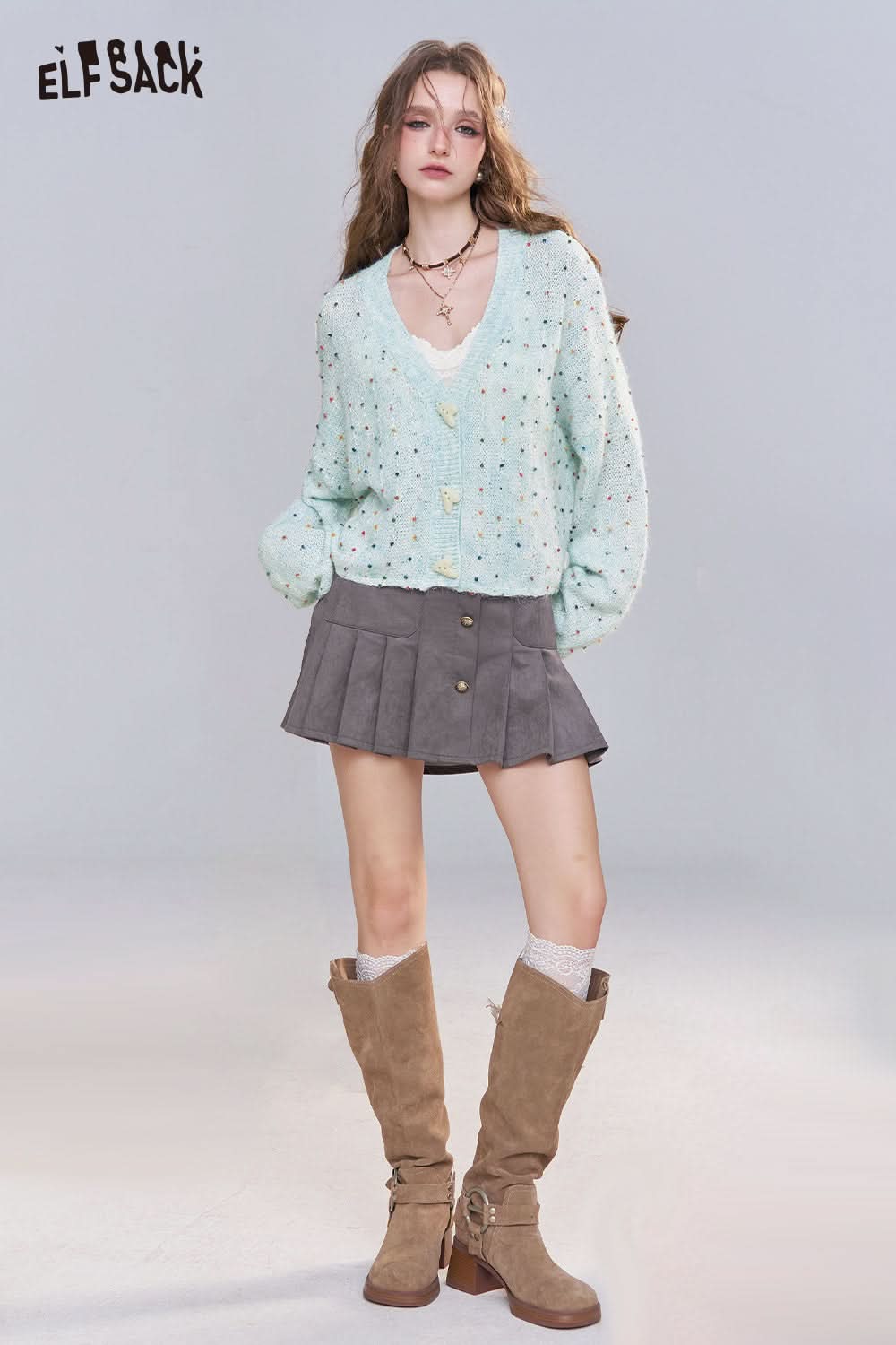 ELFSACK women's open front cardigan in mint green with button detail, paired with a skirt and knee-high boots