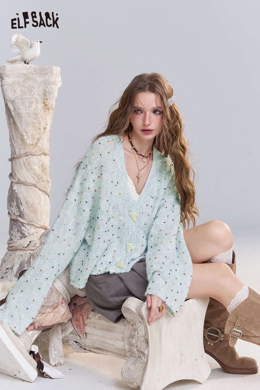 ELFSACK women's open front cardigan in light blue with colorful accents, ideal for layering