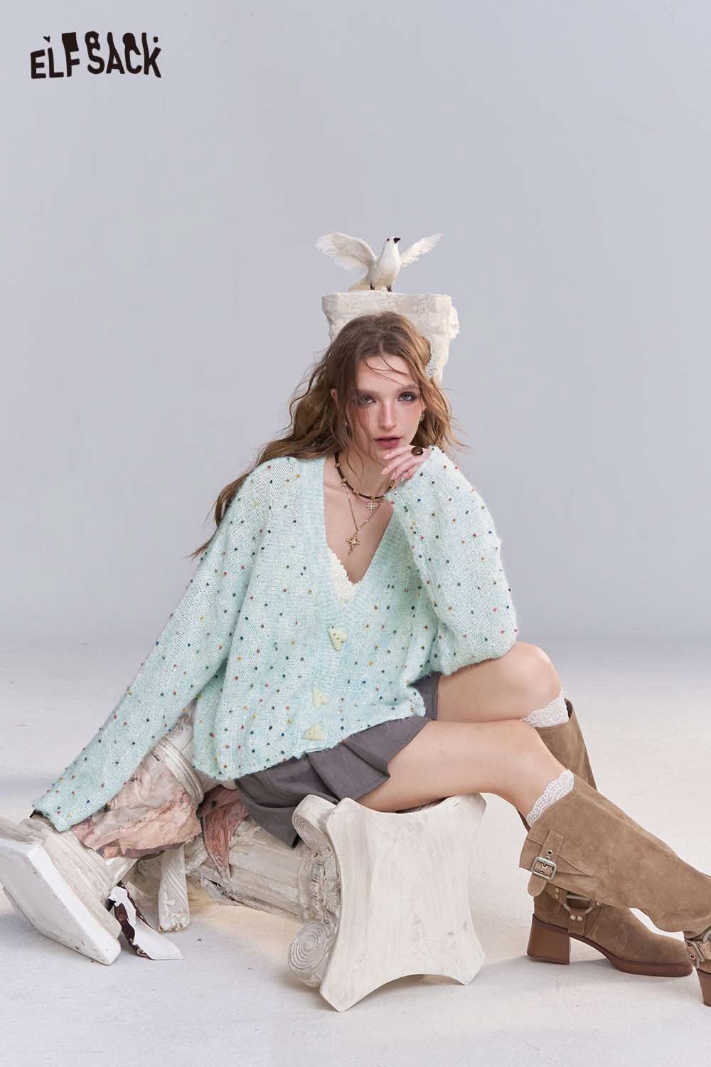 ELFSACK women's open front cardigan in soft mint green with decorative buttons and relaxed fit