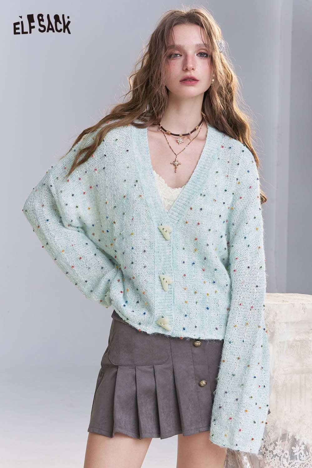 ELFSACK women's open front cardigan in light blue with colorful speckles and oversized sleeves