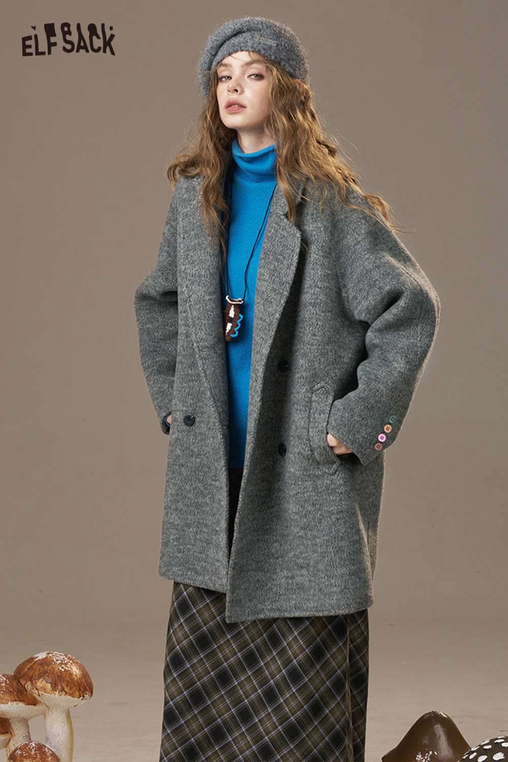 ELFSACK women's oversize wool blend coat in gray with a relaxed fit perfect for stylish winter layers