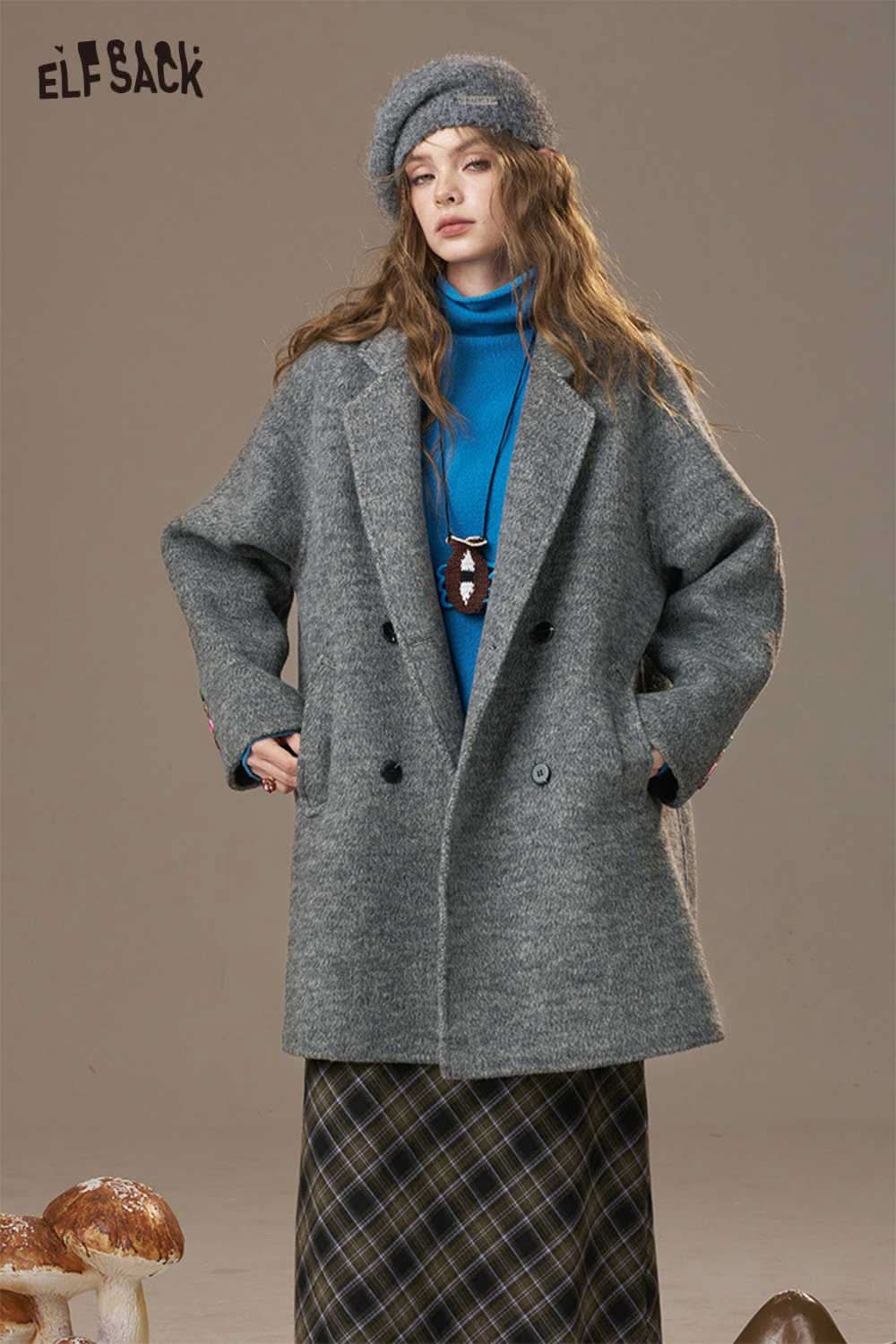 ELFSACK women's oversize wool blend coat in grey with a stylish silhouette and pockets