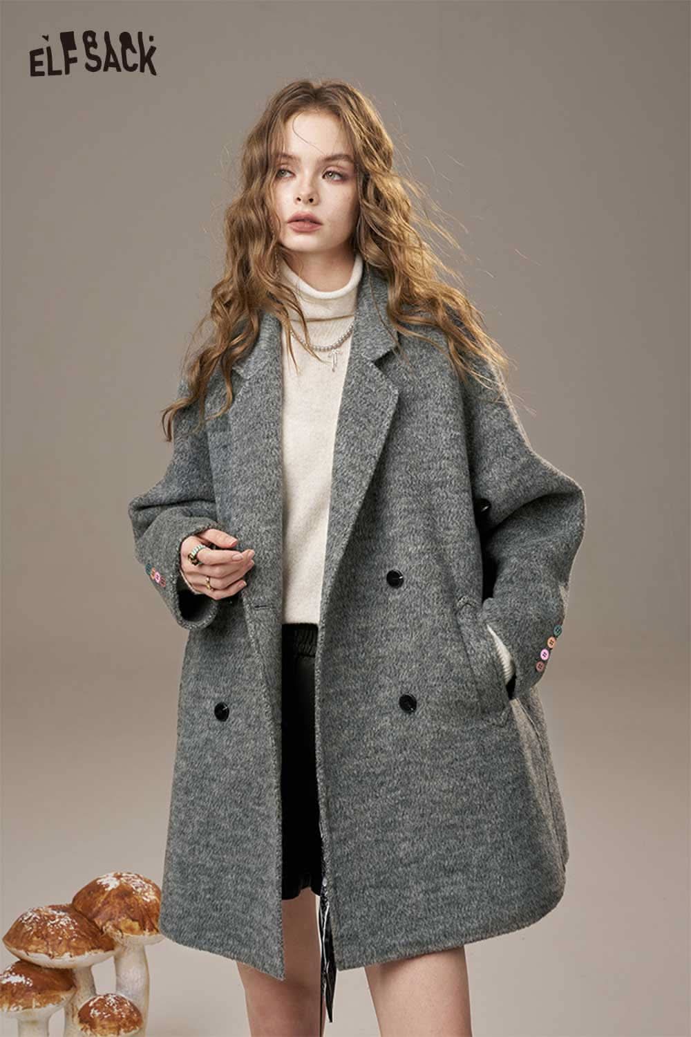 ELFSACK women's oversize wool blend coat in gray with button accents and relaxed fit