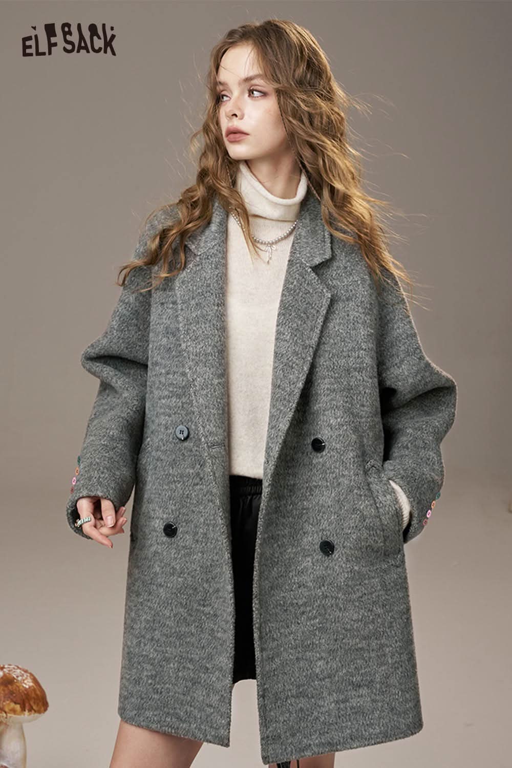 ELFSACK women's oversize wool blend coat in gray, styled with a cream sweater for a chic look