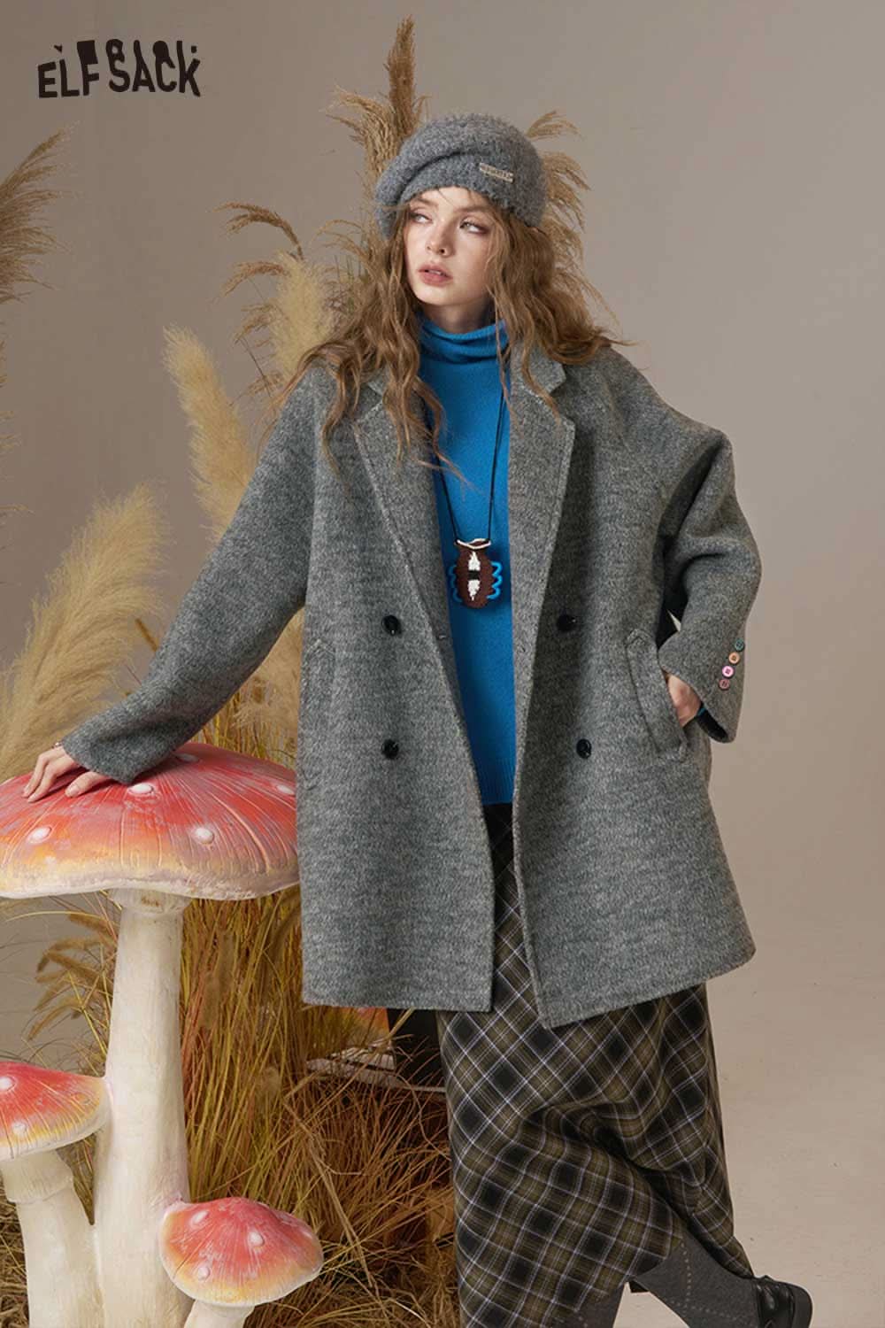 ELFSACK women's oversize wool blend coat in gray with stylish design for a chic winter look