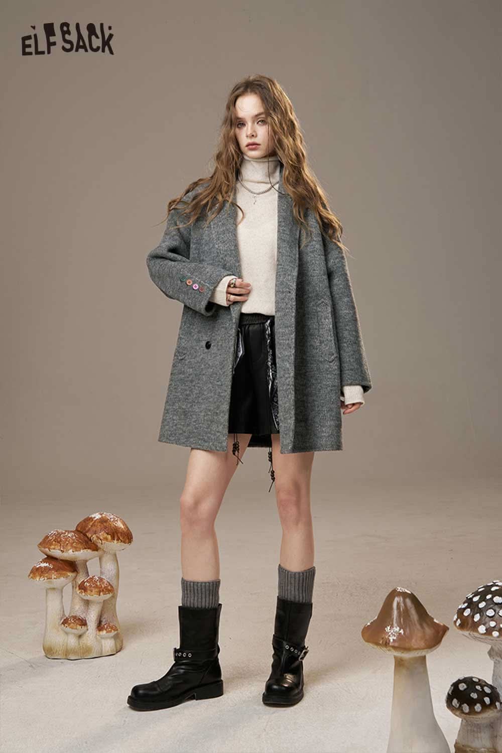 ELFSACK women's oversize wool blend coat in gray paired with a stylish outfit and boots