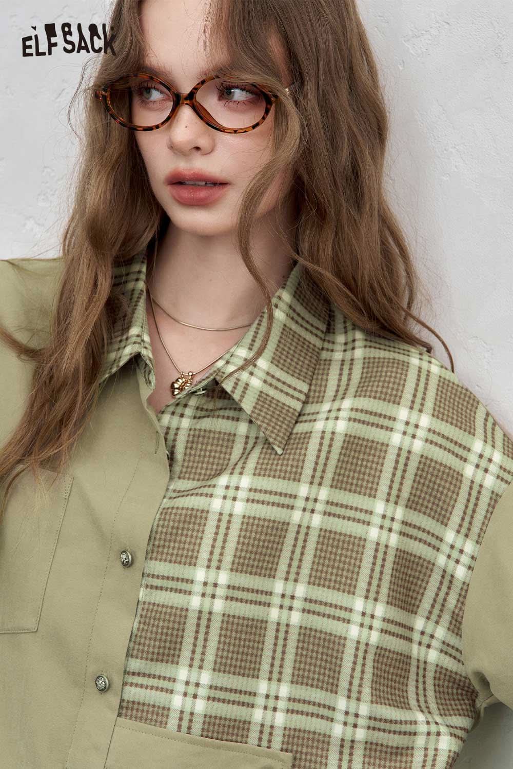 ELFSACK women's oversized contrast shirt in green and brown plaid with a relaxed fit
