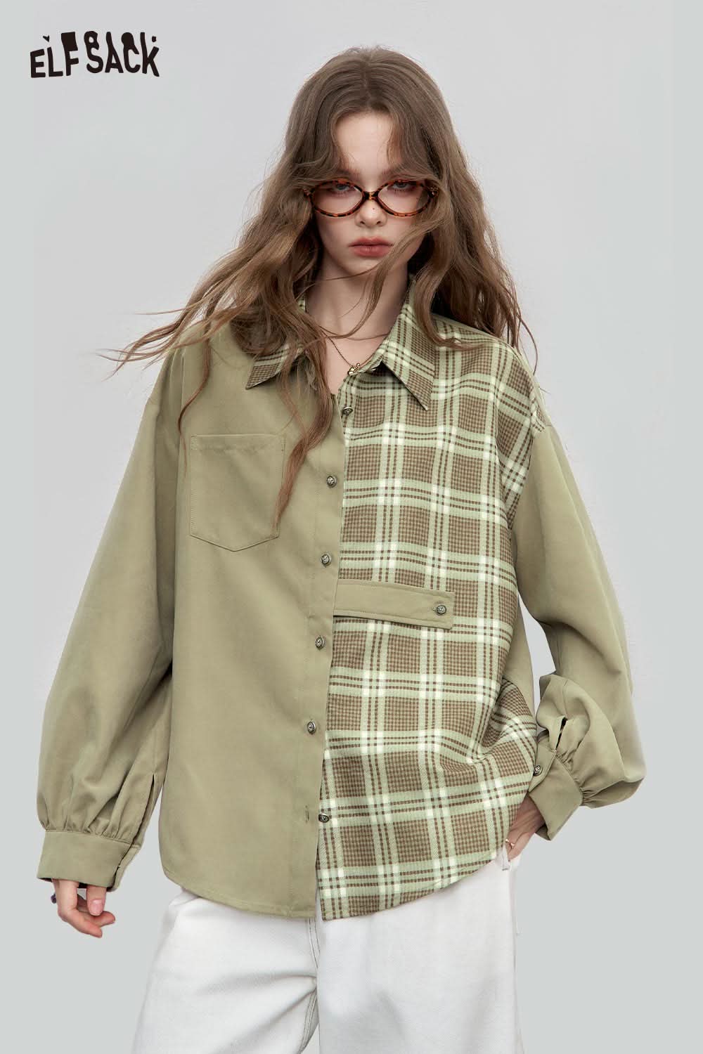 ELFSACK women's oversized contrast shirt in olive green with plaid design, perfect for casual layering
