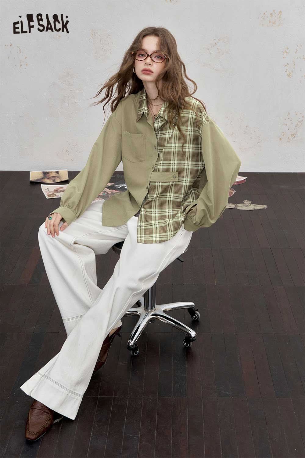 ELFSACK women's oversized contrast shirt in green plaid with loose fit and long sleeves