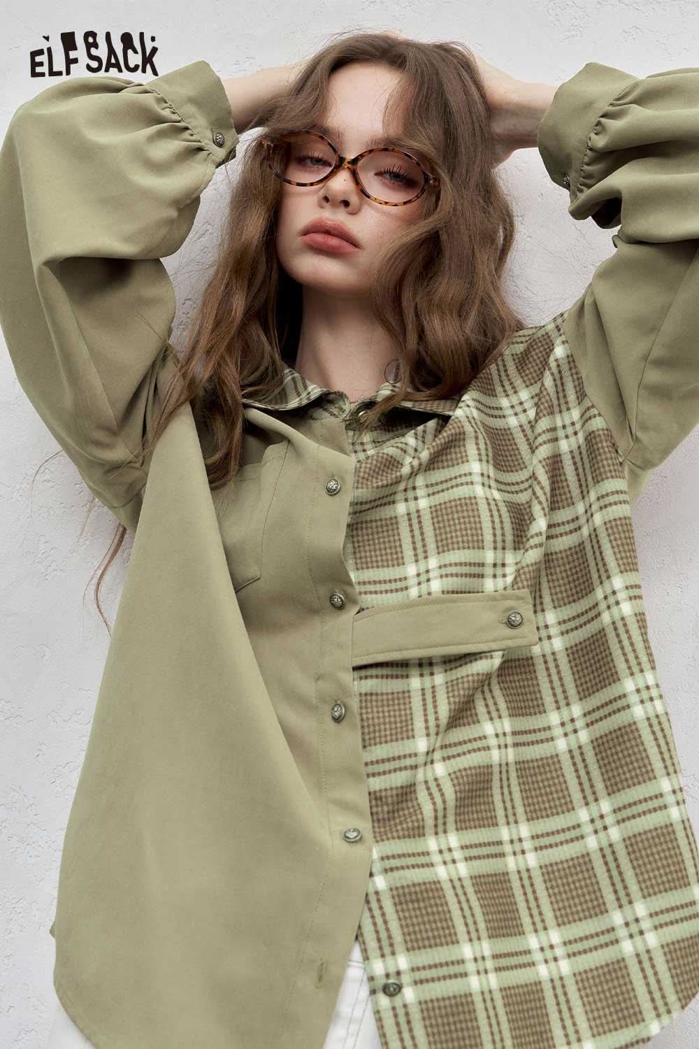 ELFSACK women's oversized contrast shirt featuring a trendy plaid and solid design for a stylish look