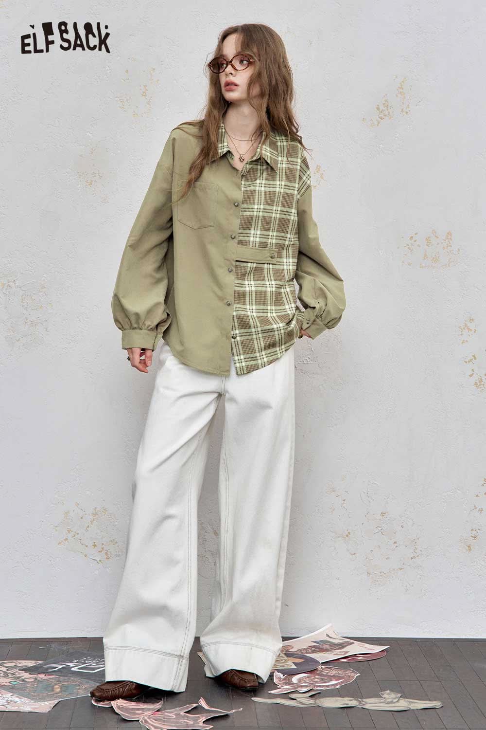 ELFSACK women's oversized contrast shirt featuring a stylish plaid design and relaxed fit