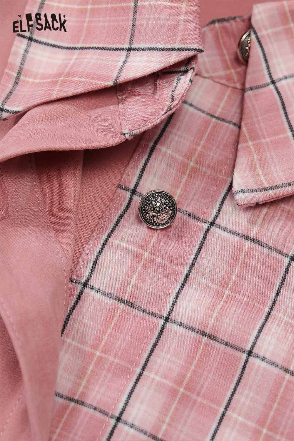 ELFSACK women's oversized contrast shirt in pink plaid pattern with stylish button details
