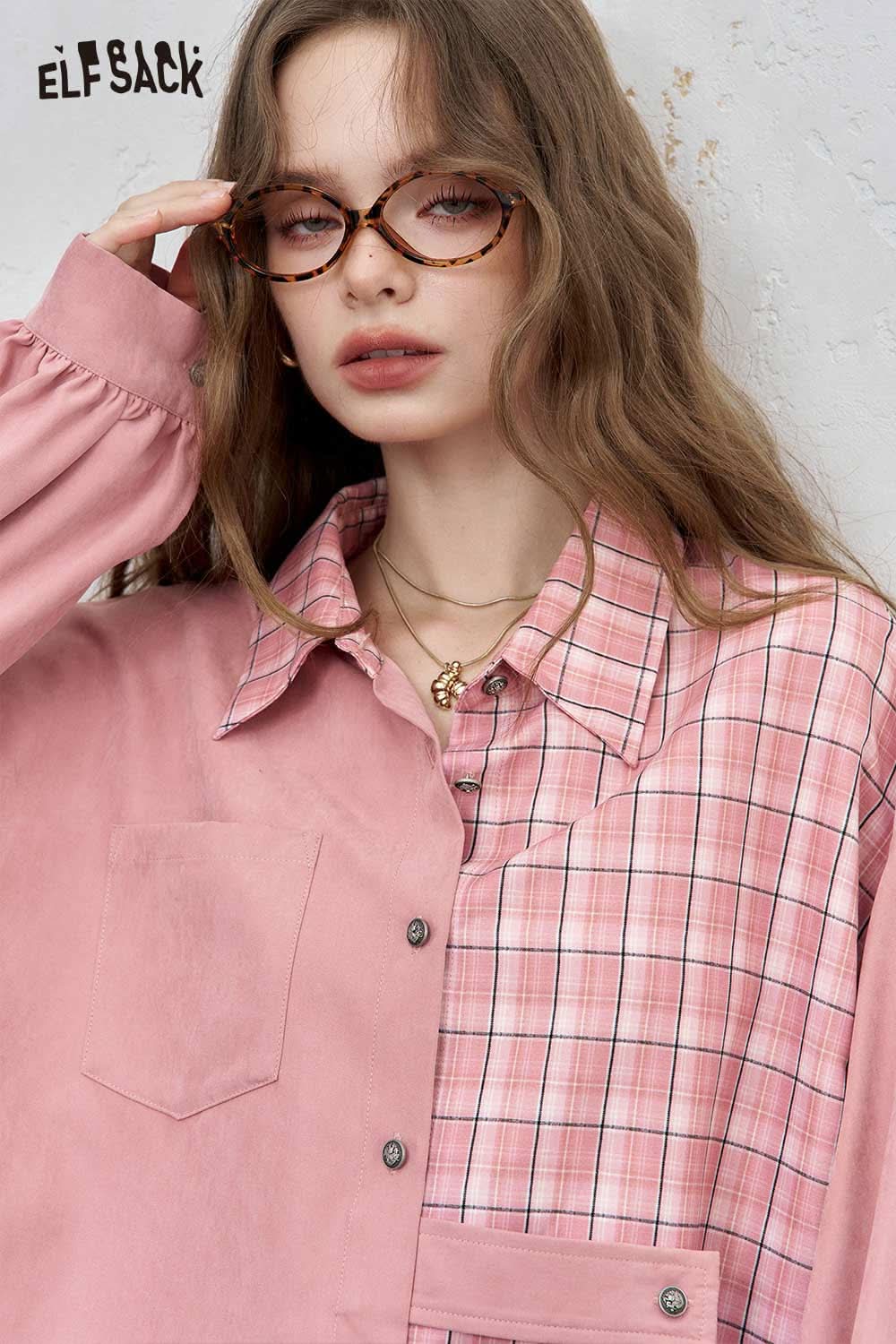 ELFSACK women's oversized contrast shirt featuring pink and plaid designs for a trendy casual look
