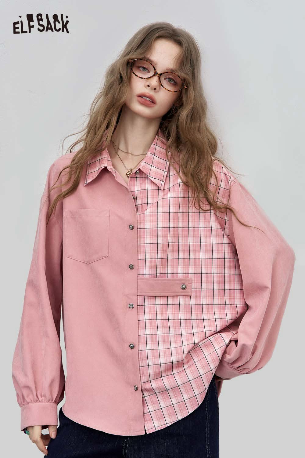 ELFSACK women's oversized contrast shirt in pink with plaid design for trendy casual wear