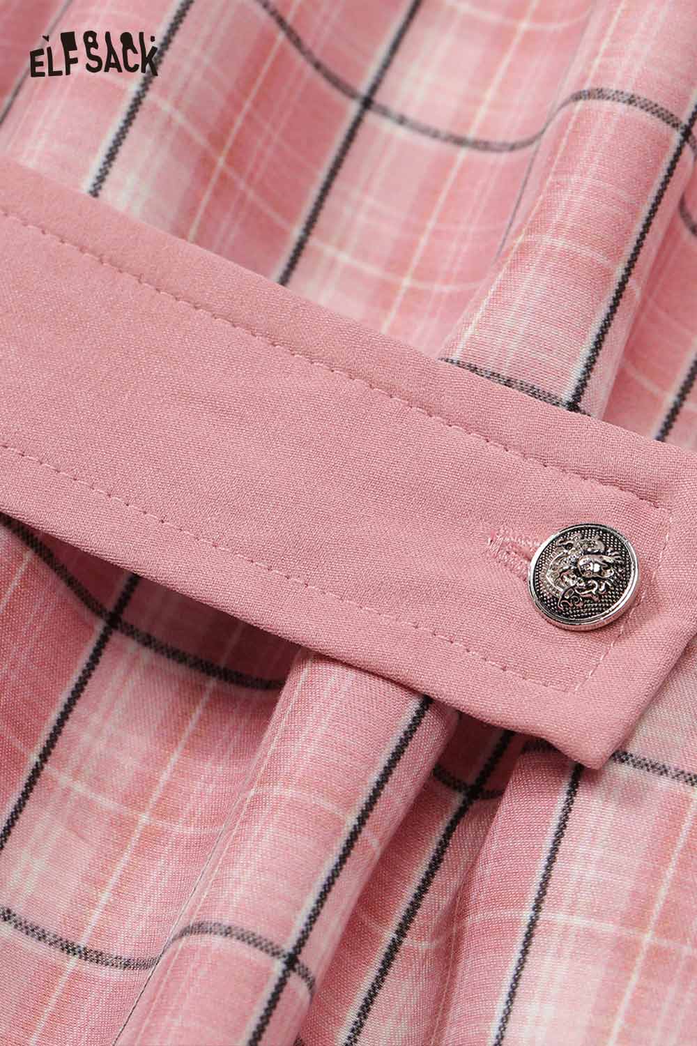 Close-up of ELFSACK women's oversized contrast shirt in pink plaid with button detail