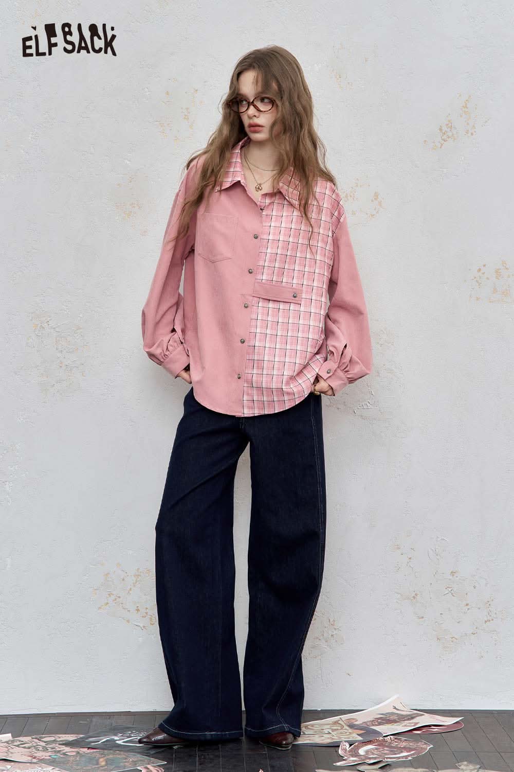 ELFSACK women's oversized contrast shirt in pink with checkered details for a stylish casual look
