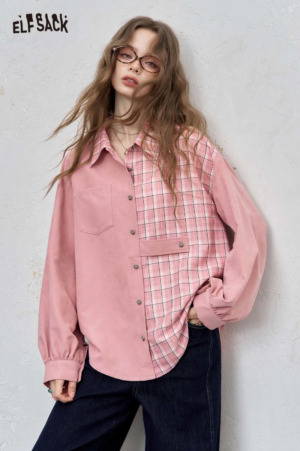 ELFSACK women's oversized contrast shirt in pink plaid with button details for a stylish casual look