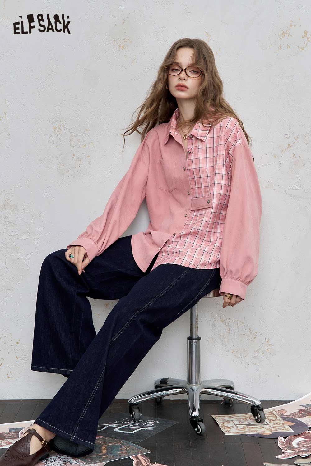 ELFSACK women's oversized contrast shirt in pink and plaid design for a trendy casual look