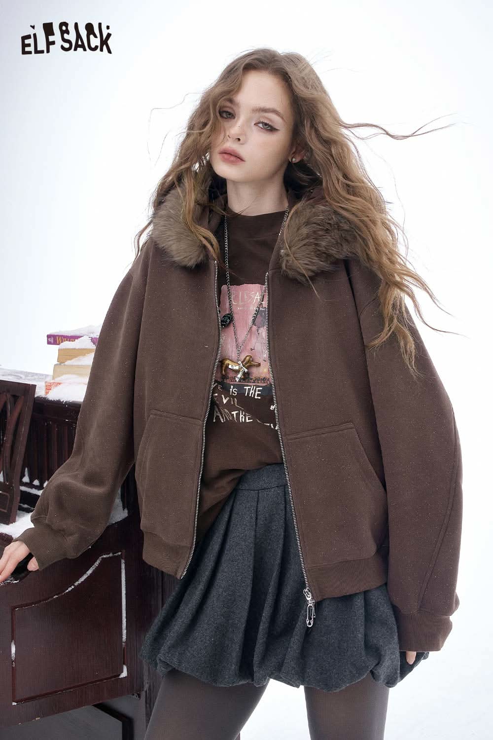 ELFSACK women's oversized plush zip sweatshirt in brown with a cozy fur hood for stylish warmth