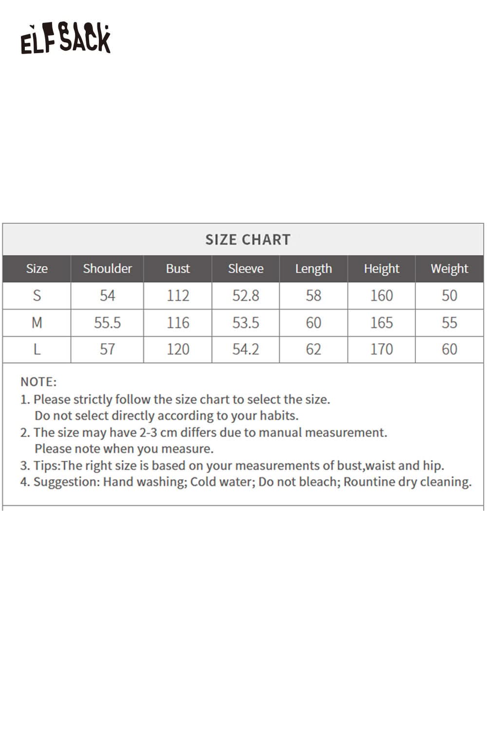 Size chart for ELFSACK women's oversized plush zip sweatshirt with detailed measurements for optimal fit