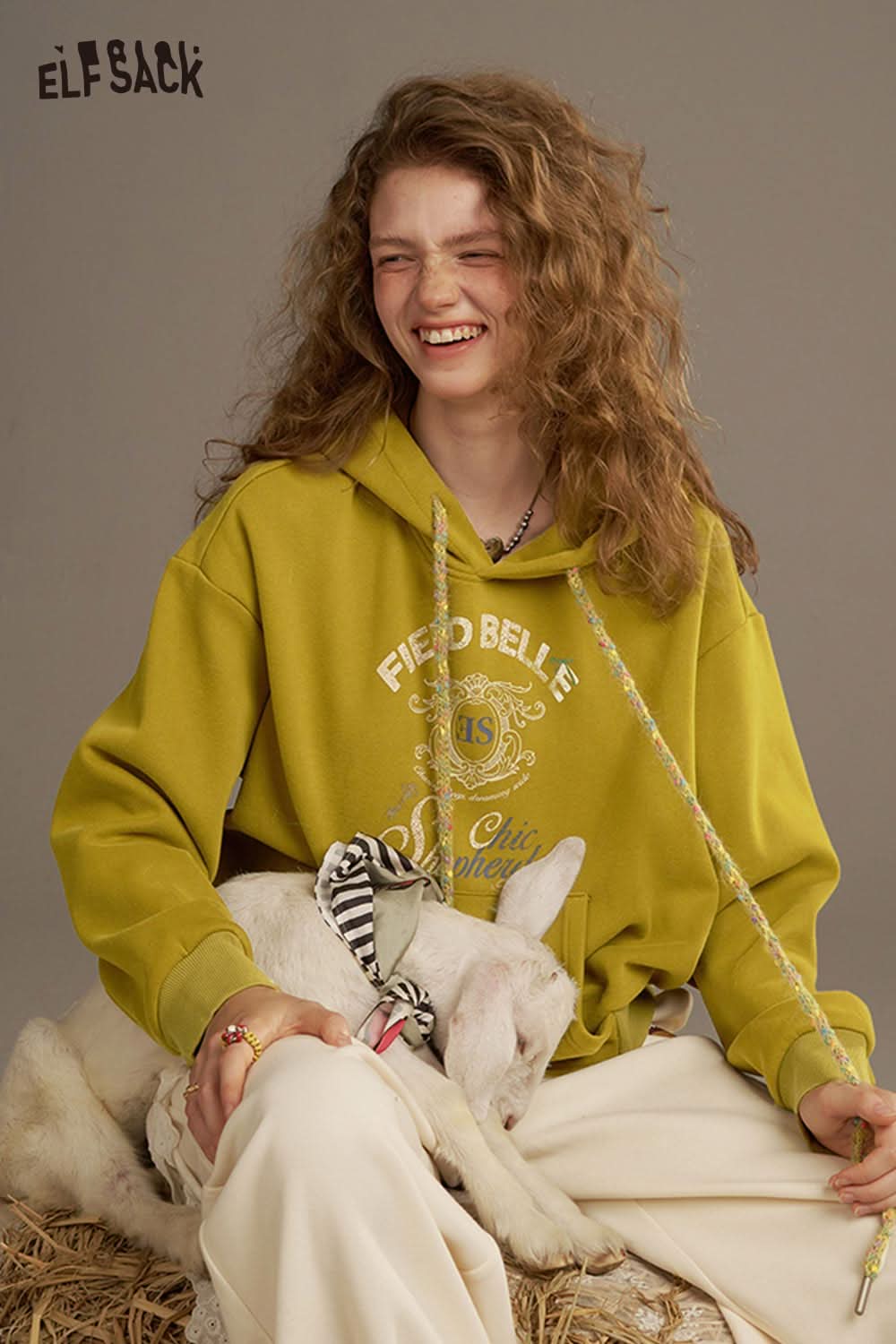 ELFSACK women's oversized print hoodie in lime green with a stylish graphic design