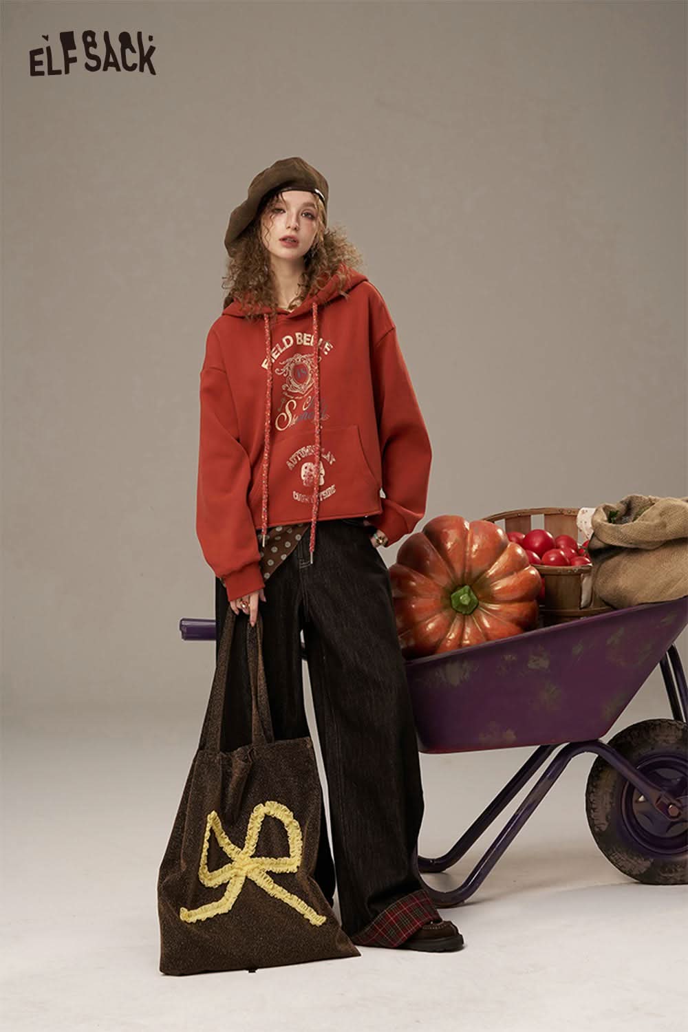 ELFSACK women's oversized print hoodie in red with stylish designs, perfect for casual wear